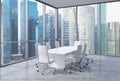 Panoramic corner conference room in modern office, Singaporean financial area view. White chairs and a white table. Royalty Free Stock Photo