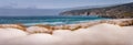 Panoramic costal view of Praia do Guincho Beach with Cresmina Dunes in foreground. Cascais, Portugal. Atlantic ocean
