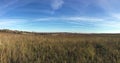 Panoramic countryside landscape with field and forest at far under beautiful blue sky with many white clouds in golden autumn Royalty Free Stock Photo