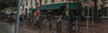 Panoramic crop of row of bicycles Royalty Free Stock Photo