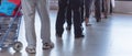 Panoramic crowded Asian commuters queuing at train station in Singapore Royalty Free Stock Photo