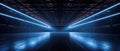 Panoramic dark garage background, perspective of studio as hangar with led neon lighting. Modern design of large empty room,