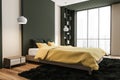 Panoramic dark green and yellow bedroom. Corner view Royalty Free Stock Photo