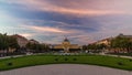 Panoramic day to night timelapse view of Art pavilion at King Tomislav square in Zagreb, Croatia. Royalty Free Stock Photo