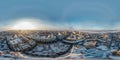 Panoramic 360 degree aerial drone view of evening winter Voronezh downtown cityscape