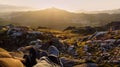 Panoramic detail of two pair of feet in front of a defocused landscape at sunset