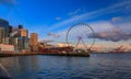 Waterfront skyline with the Great Wheel, the Puget Sound at sunset, Seattle, WA Royalty Free Stock Photo