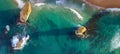 Panoramic downward aerial view of Twelve Apostles at sunrise, Port Campbell National Park, Victoria, Australia Royalty Free Stock Photo