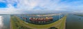 Panoramic drone picture from port Rotterdam with big container ship Royalty Free Stock Photo