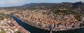 Panoramic drone point of view of the Italian village of Bosa complete with the Temo River and Malaspin Castle on the island of