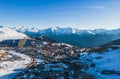 Panoramic drone view of landscape and ski resort in French Alps, Alpe D\'Huez, France - Europe Royalty Free Stock Photo