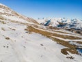 Panoramic drone view of landscape and ski resort in French Alps, Alpe D\'Huez, France - Europe Royalty Free Stock Photo