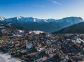 Panoramic drone view of landscape and ski resort in French Alps, Alpe D\'Huez, France - Europe Royalty Free Stock Photo