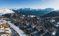 Panoramic drone view of landscape and ski resort in French Alps, Alpe D\'Huez, France - Europe Royalty Free Stock Photo