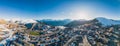 Panoramic drone view of landscape and ski resort in French Alps, Alpe D\'Huez, France - Europe Royalty Free Stock Photo