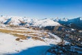 Panoramic drone view of landscape and ski resort in French Alps, Alpe D\'Huez, France - Europe Royalty Free Stock Photo