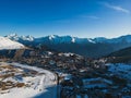 Panoramic drone view of landscape and ski resort in French Alps, Alpe D\'Huez, France - Europe Royalty Free Stock Photo