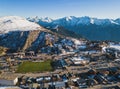 Panoramic drone view of landscape and ski resort in French Alps, Alpe D\'Huez, France - Europe Royalty Free Stock Photo