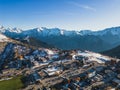 Panoramic drone view of landscape and ski resort in French Alps, Alpe D\'Huez, France - Europe Royalty Free Stock Photo