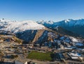 Panoramic drone view of landscape and ski resort in French Alps, Alpe D\'Huez, France - Europe Royalty Free Stock Photo