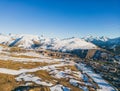 Panoramic drone view of landscape and ski resort in French Alps, Alpe D\'Huez, France - Europe Royalty Free Stock Photo