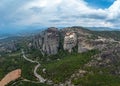 High aerial drone view of Monastery of Varlaam in Meteora, Greece. Iera Moni Barlaam, a UNESCO World Heritage site. Royalty Free Stock Photo