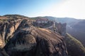 High aerial drone view of Monastery of Varlaam in Meteora, Greece. Iera Moni Barlaam, a UNESCO World Heritage site. Royalty Free Stock Photo