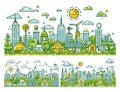 Panoramic eco city landscape illustration in line art style. Concept of green clean energy and nature, alternative Royalty Free Stock Photo