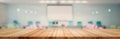 Panoramic empty clean wood counter table top on blur student study in classroom white light background for product education