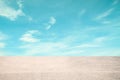 Panoramic empty grunge cement counter table top on blue sky white light bokeh background for product morning scene spring display Royalty Free Stock Photo