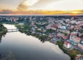 Panoramic european provincial country town or city with river, drone air photo Vinnitsa, Ukraine sunset