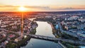 Panoramic european provincial country town or city with river, drone view air photo Vinnitsa, Ukraine at sunset Royalty Free Stock Photo