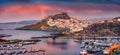 Panoramic evening cityscape of Castelsardo port. Fantastic sunset on Sardinia island, Province of Sassari, Italy, Europe. Fantasti