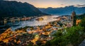 Panoramic evening view of the church, the old town and the Bay of Kotor from above. The Bay of Kotor is the beautiful place on the