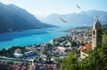 Panoramic evening view of the church, the old town and the Bay of Kotor from above. The Bay of Kotor is the beautiful place on the Royalty Free Stock Photo