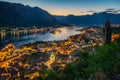 Panoramic evening view of the church, the old town and the Bay of Kotor from above. The Bay of Kotor is the beautiful place on the Royalty Free Stock Photo