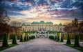Panoramic evening view of the famous Belvedere Castle in Vienna, Austria. View of the fountain, park and Belvedere in the autumn