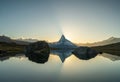 Panoramic evening view of Lake Stellisee with the Matterhorn Cervino Peak in the background. Impressive autumn scene of Royalty Free Stock Photo