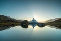 Panoramic evening view of Lake Stellisee with the Matterhorn Cervino Peak in the background. Impressive autumn scene of Royalty Free Stock Photo