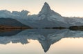 Panoramic evening view of Lake Stellisee with the Matterhorn Cervino Peak in the background. Impressive autumn scene of Royalty Free Stock Photo