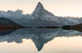 Panoramic evening view of Lake Stellisee with the Matterhorn Cervino Peak in the background. Impressive autumn scene of Royalty Free Stock Photo