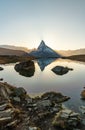 Panoramic evening view of Lake Stellisee with the Matterhorn Cervino Peak in the background. Impressive autumn scene of Royalty Free Stock Photo