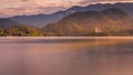 Panoramic evening view of Pilgrimage Church of the Assumption of Maria. Fantastic scene of Bled lake, Julian Alps, Slovenia, Europ Royalty Free Stock Photo