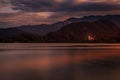 Panoramic evening view of Pilgrimage Church of the Assumption of Maria. Summer scene of lake Bled, Julian Alps, Slovenia, Europe. Royalty Free Stock Photo