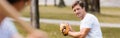 Panoramic of father in leather glove