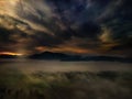 Panoramic foggy landscape with mountains in morning. Landscape