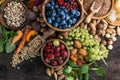 Panoramic food background with assortment of fresh organic fruits and vegetables for a balanced diet. Healthy food concept Royalty Free Stock Photo