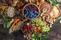 Panoramic food background with assortment of fresh organic fruits and vegetables for a balanced diet. Healthy food concept Royalty Free Stock Photo