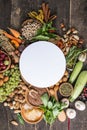 Panoramic food background with assortment of fresh organic fruits and vegetables for a balanced diet. Healthy food concept Royalty Free Stock Photo