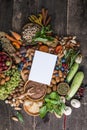 Panoramic food background with assortment of fresh organic fruits and vegetables for a balanced diet. Healthy food concept Royalty Free Stock Photo